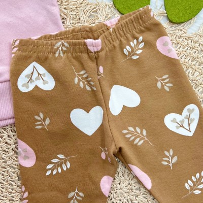 Conj. Casaco de Moletom Dois Ursinhos e Calça Legging Corações - Rose e Marrom
